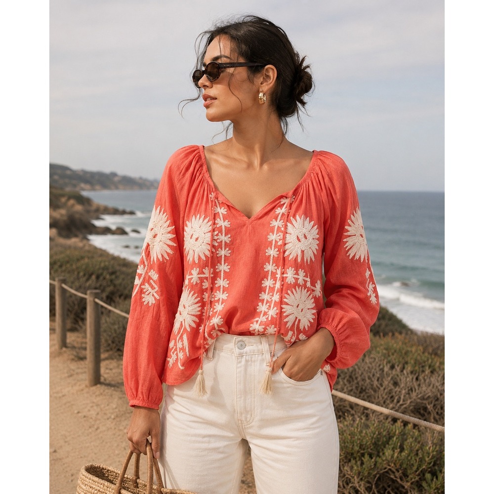 Dolma Tunic Top Womens L/XL Coral Orange Floral Embroidered Tassel Boho Blouse